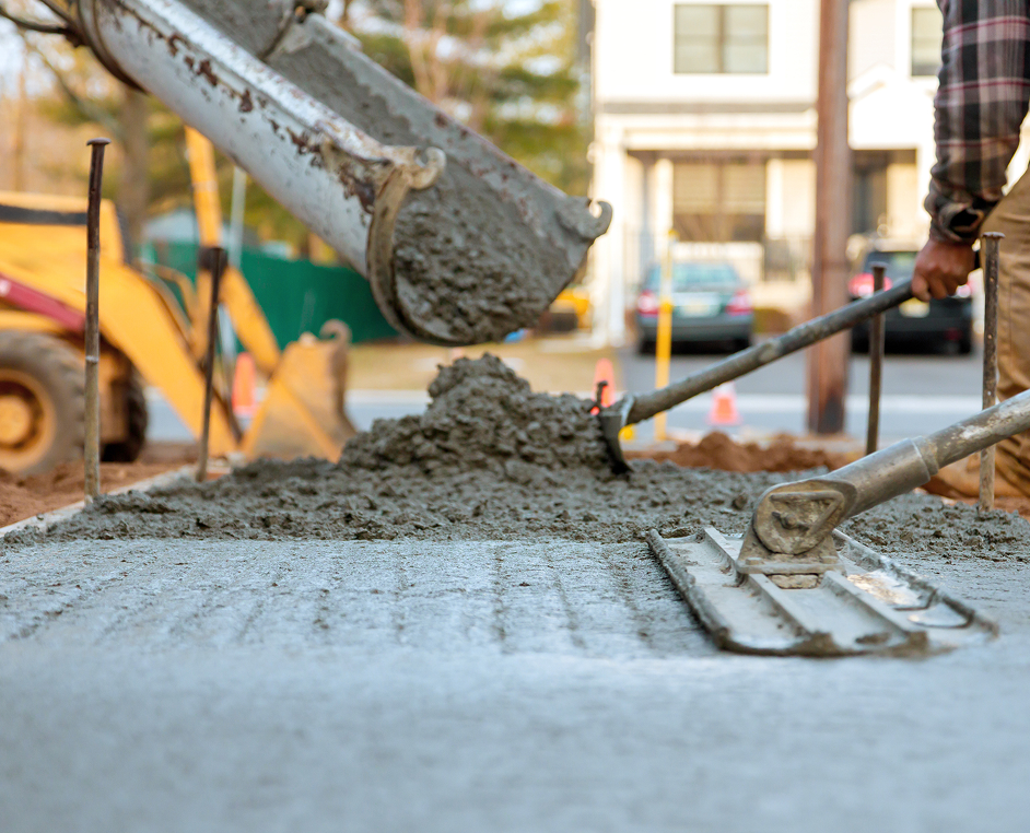 Workers smoothing freshly poured concrete