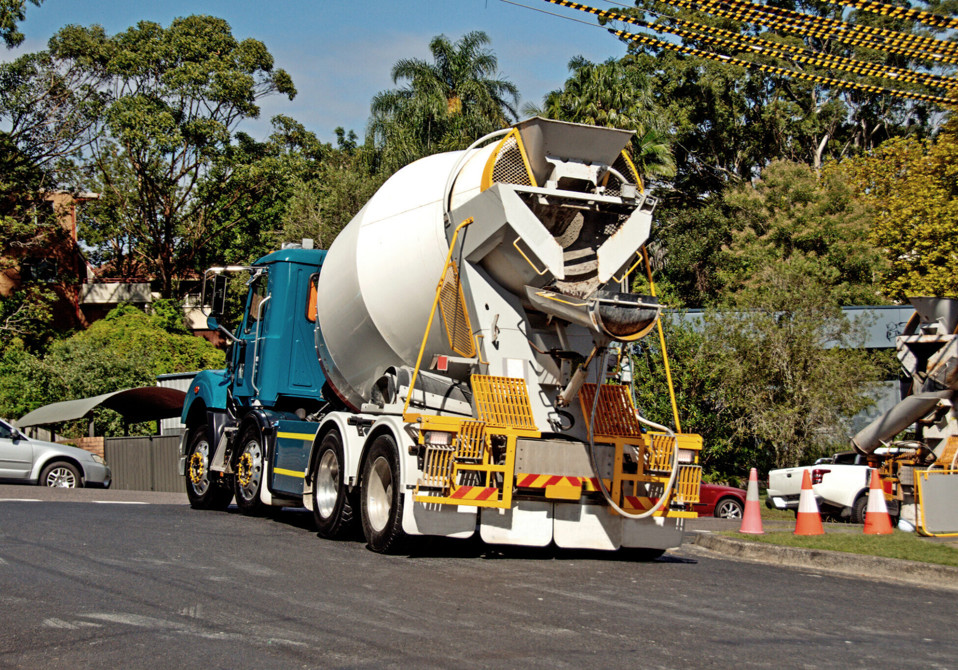 Concrete mixer truck on sunny day