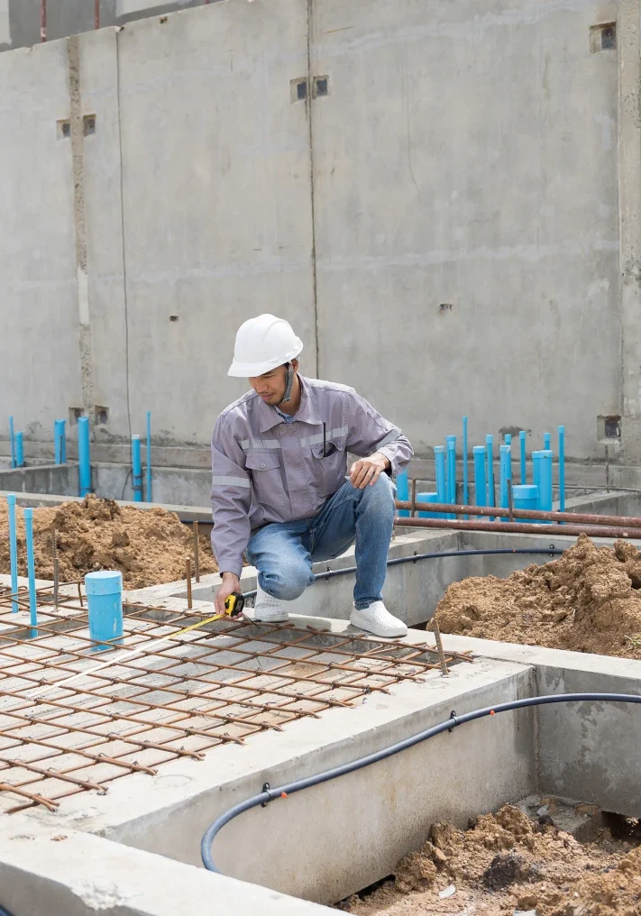 Construction worker inspecting building foundation